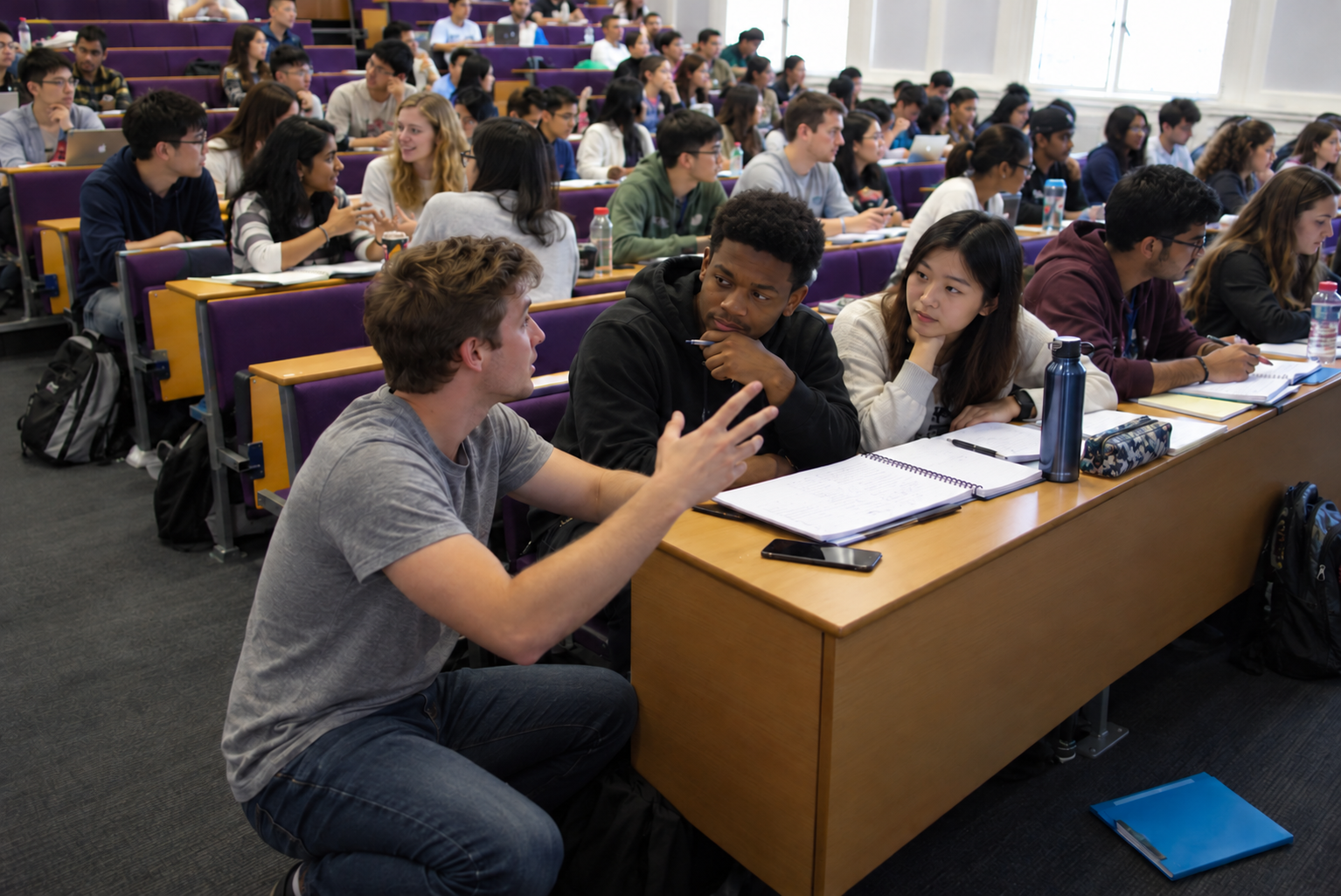 Students discussing ideas in a university lecture hall